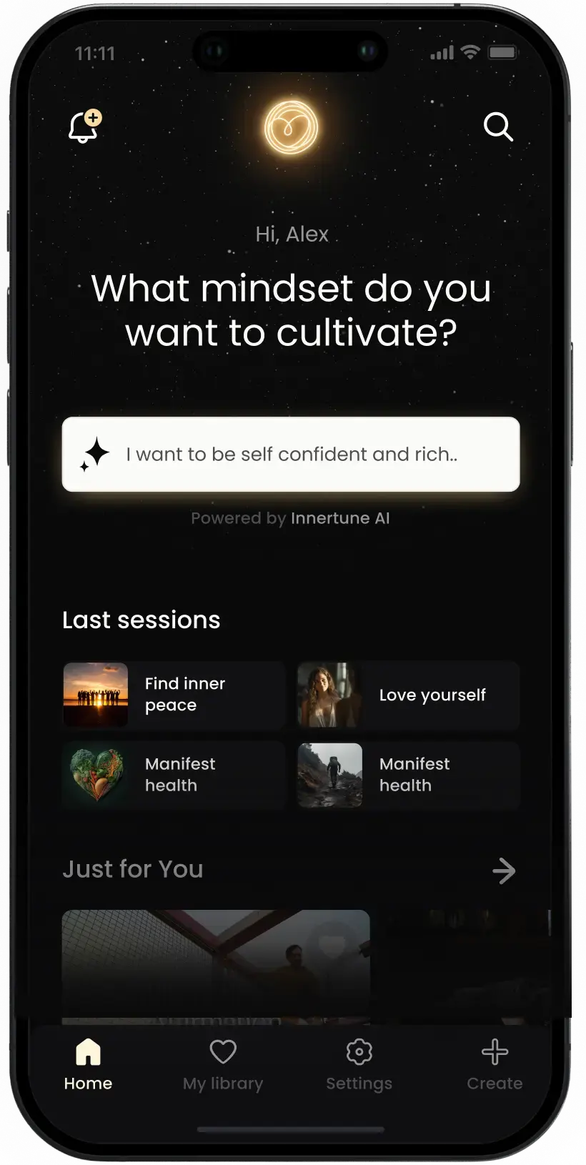 Innertune Affirmations app showing personalized playlist