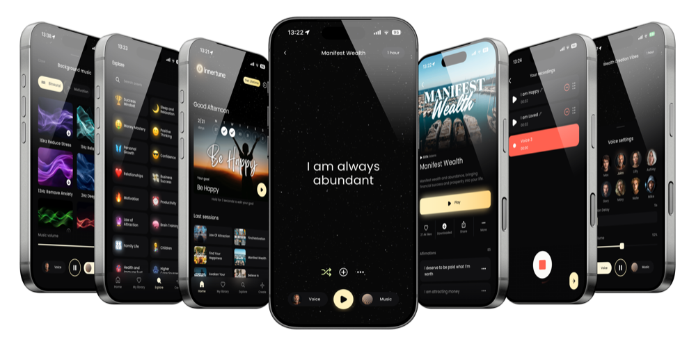 Innertune app screens showing categories, player, voices, and settings