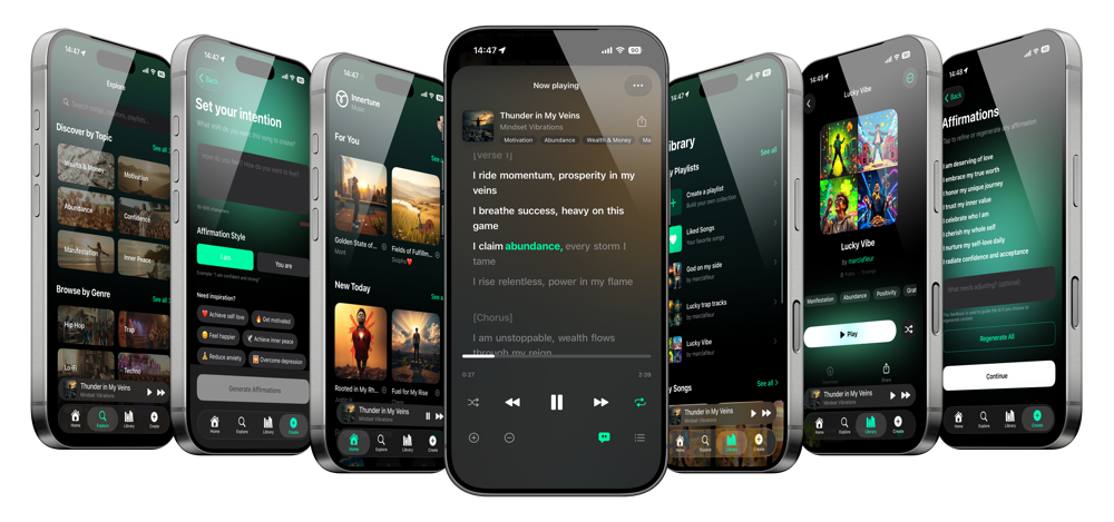 Innertune Music app screens showing library, now playing, songs, affirmations, and customization