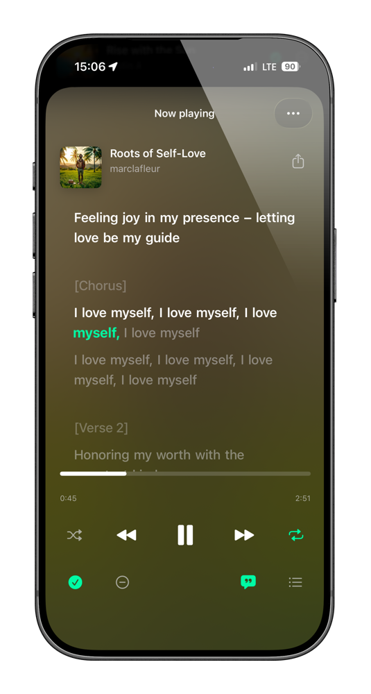 Innertune Music app showing affirmation song with lyrics